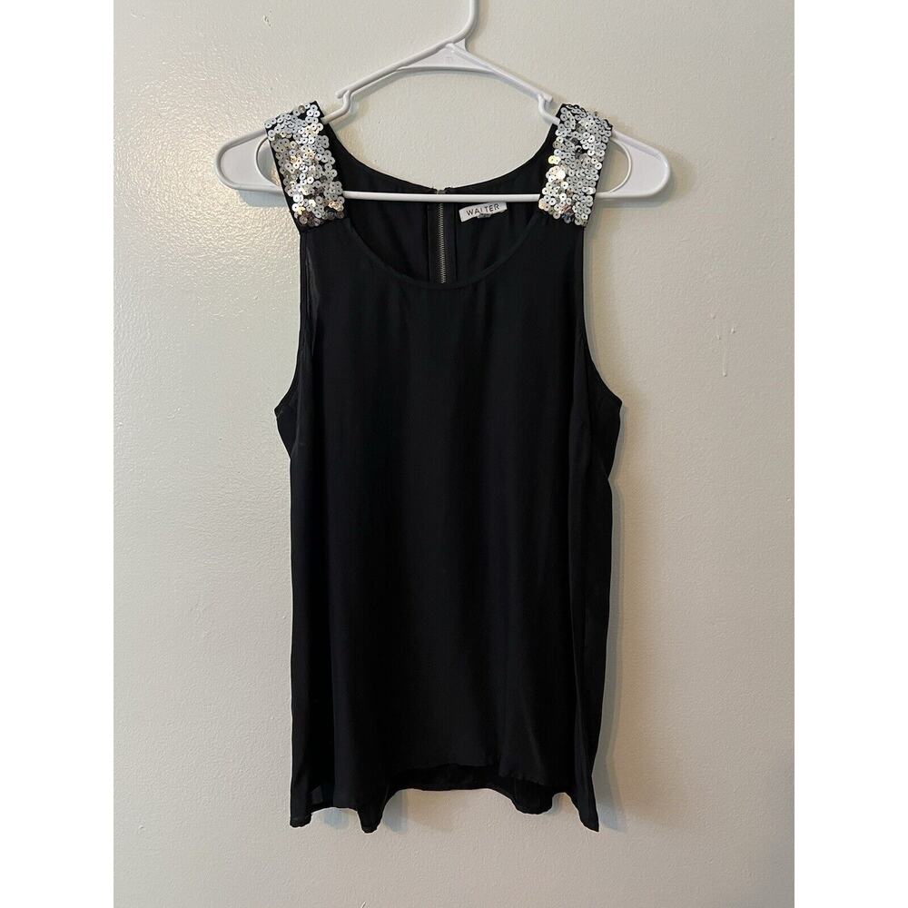 WALTER Women's Sz 2 100% Silk Black Sleeveless Top Sequence Party Old‎ Money